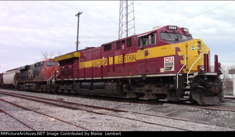 CN 3069 Wisconsin Central heritage unit tied down